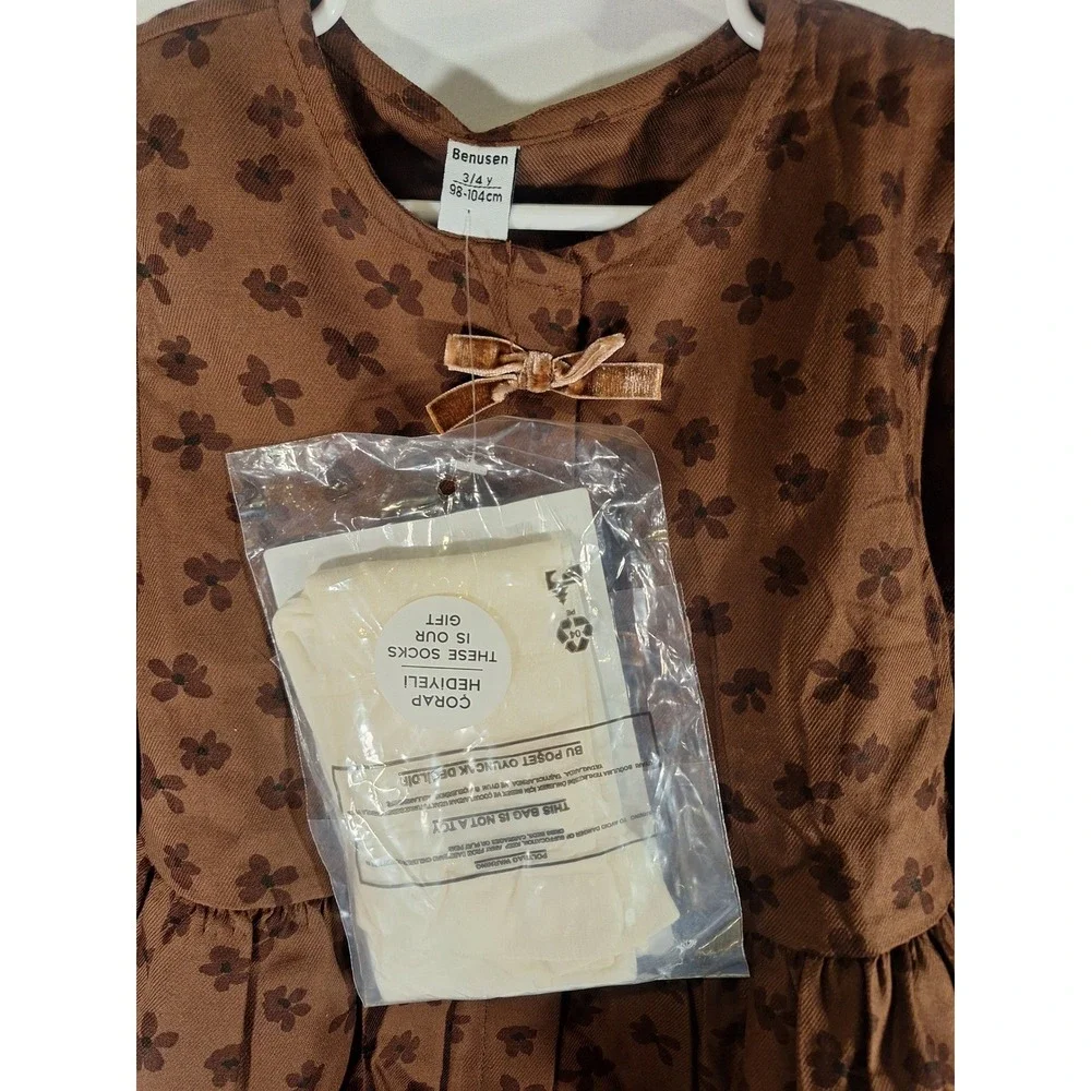 LC Waikiki Kids Brown Floral Bow Peplum Top and Shorts Set with‎ Socks 3Y-4Y